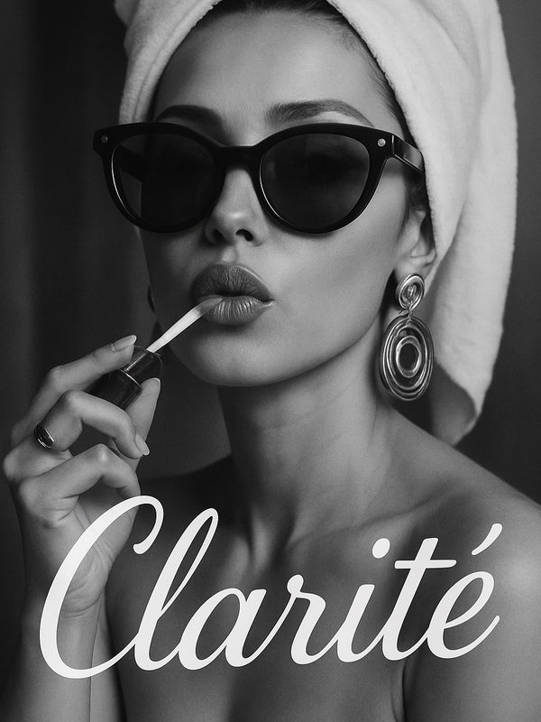 Black and white image of a woman applying lipstick with 'Clarité' text.