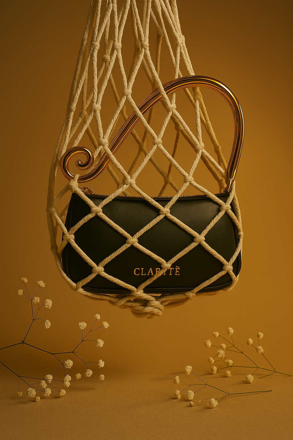Black handbag with gold handle hanging in a macrame net against an orange background