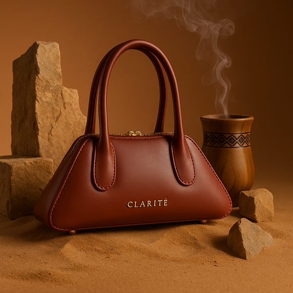 Brown handbag with 'CLARITE' branding on a sandy background with rocks and a smoking cup.