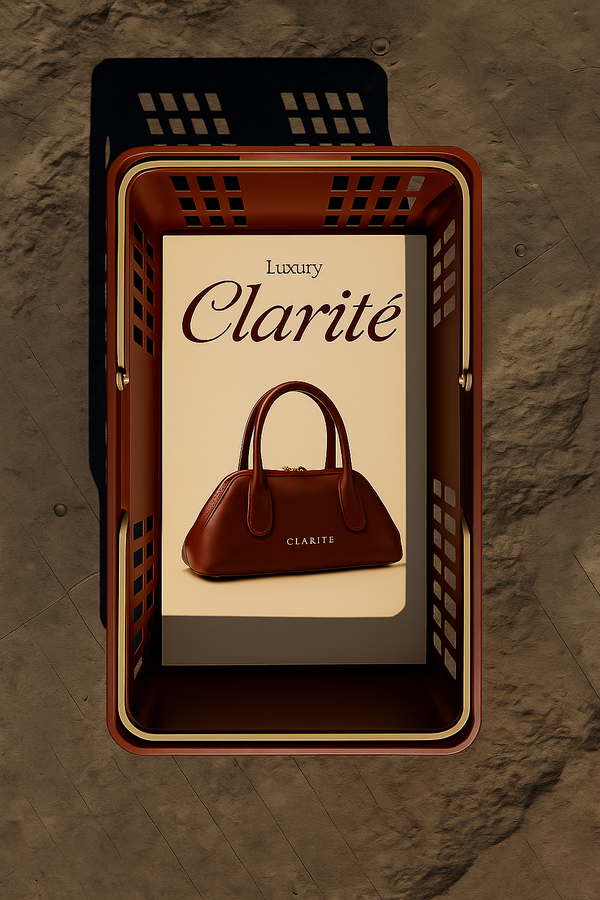 Brown handbag with 'Clarite' branding displayed on a beige card inside a decorative basket against a textured brown background.