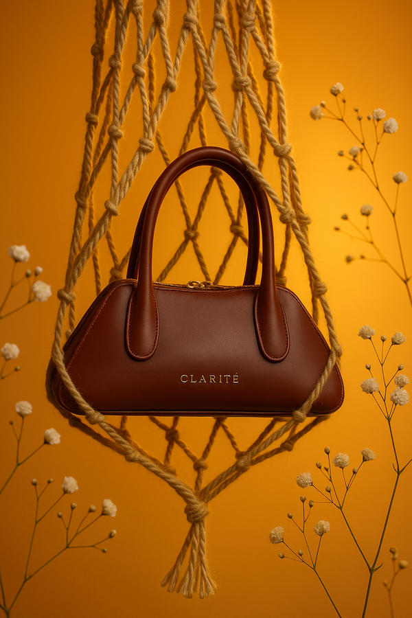 Brown handbag with 'Clarite' branding hanging on a macrame wall against an orange background.