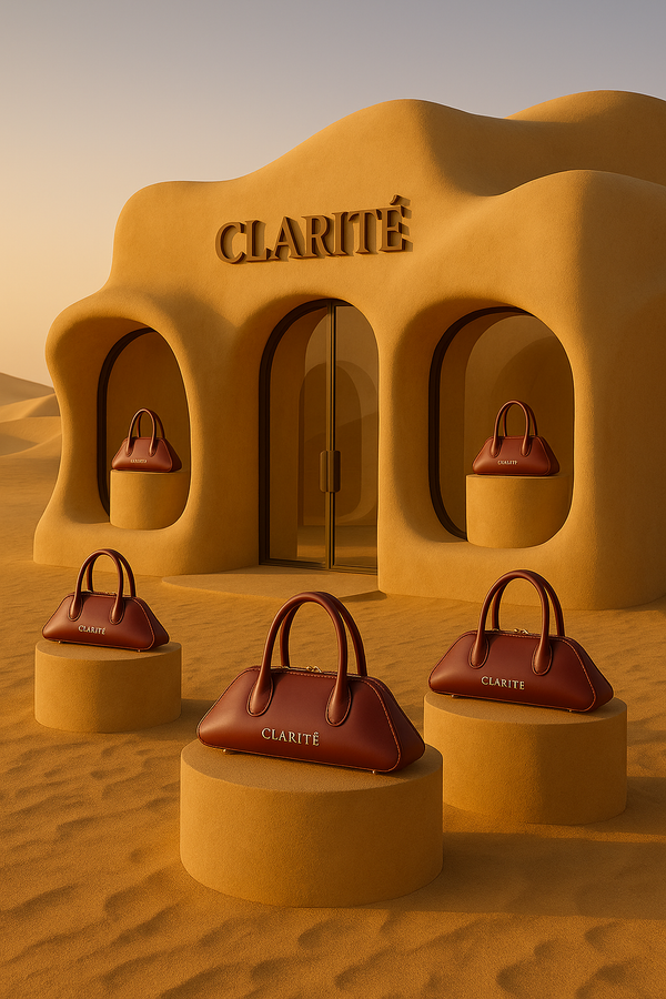 Brown handbags on pedestals in front of a sand-colored building with 'CLARITÓ' branding.