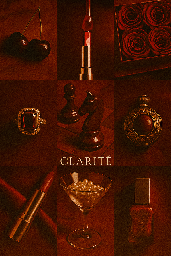 Collage of beauty products and objects with a warm, reddish-brown color scheme.