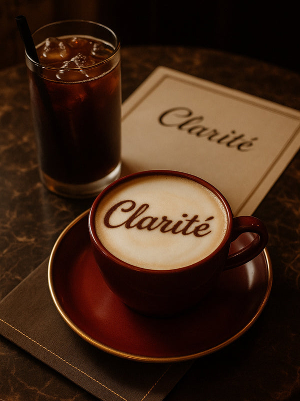 Cup of coffee with 'Clarité' on a saucer and glass of iced coffee on a dark surface.