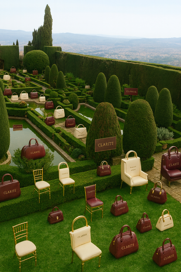 Garden setting with chairs and handbags labeled 'Clarita' arranged in a decorative manner.