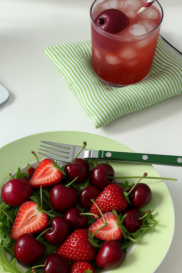 Green plate with strawberries and cherries, glass of red drink with ice on a white surface.
