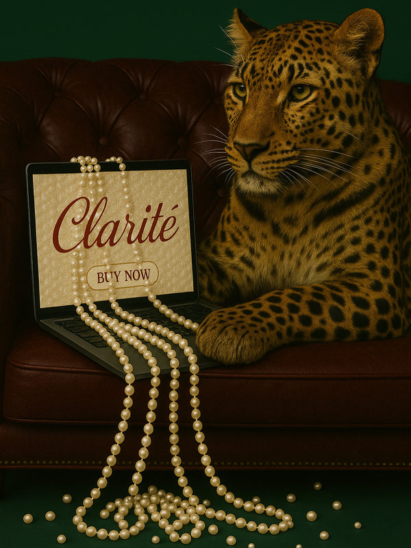 Leopard sitting on a couch with a laptop displaying 'Clarite' and pearls.