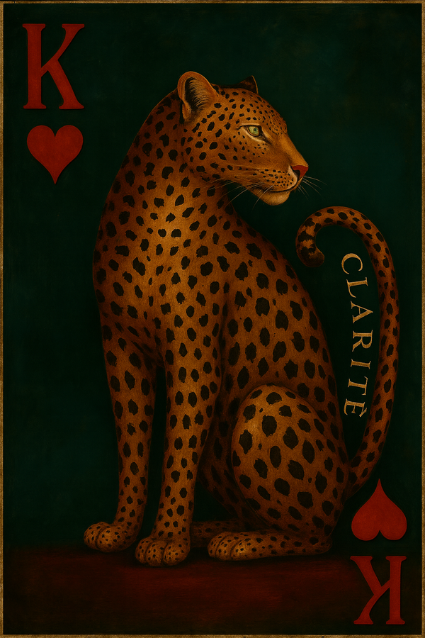 Leopard with playing card symbols and 'Clarite' text on a dark background