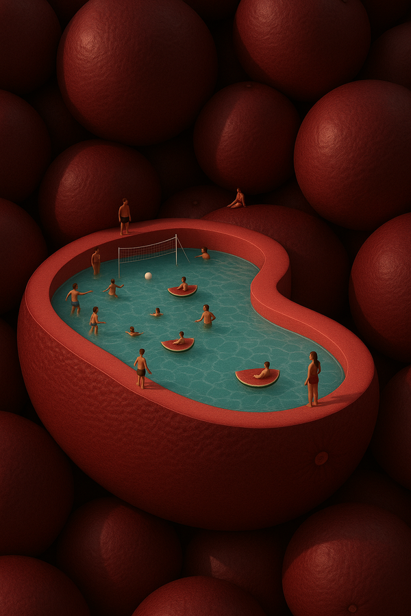 Miniature pool with people and a ball in a larger red sphere