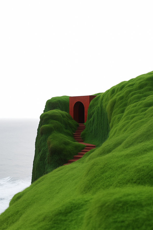 Moss-covered cliff with a red archway and staircase