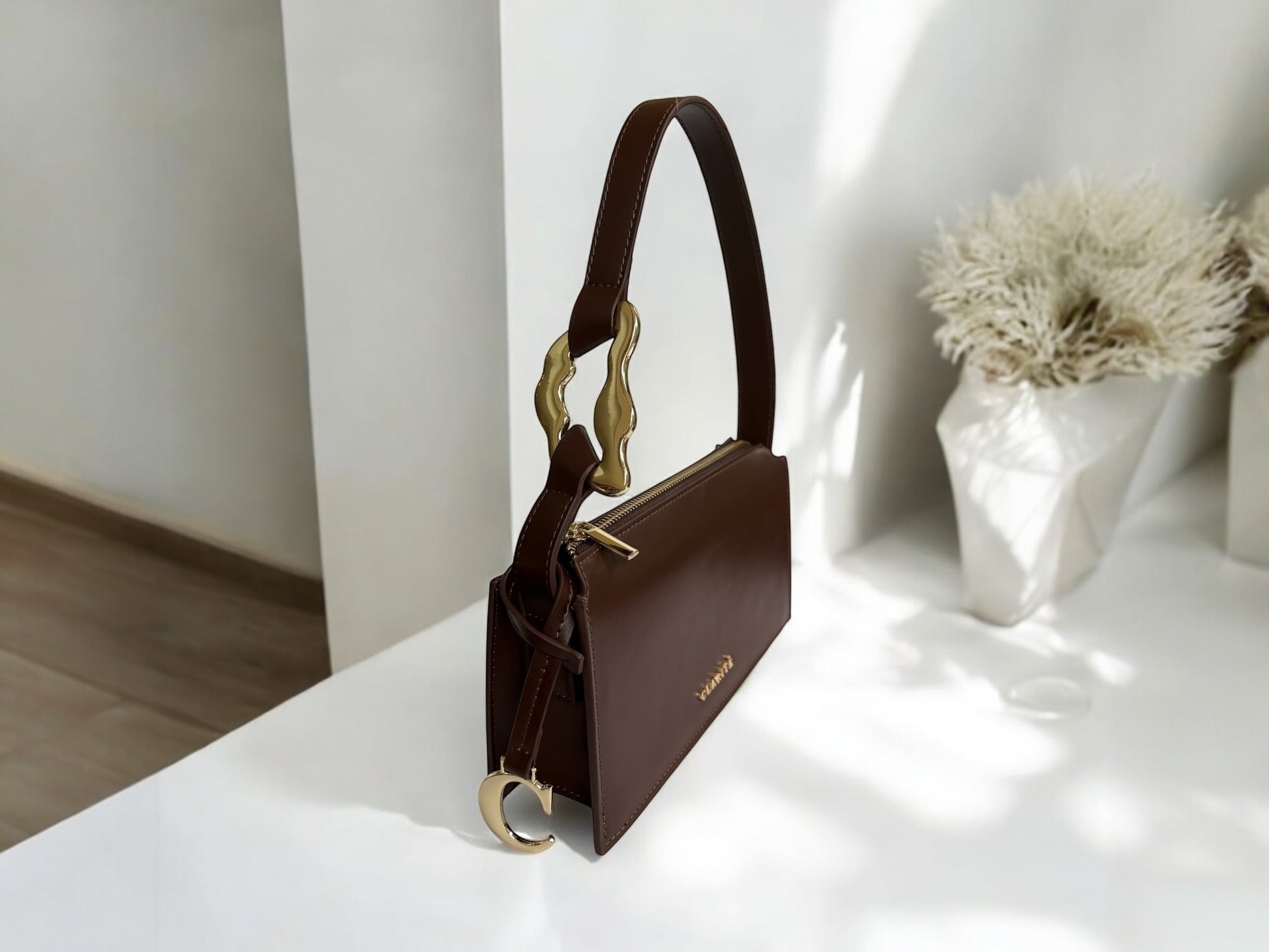 nicolebagclariteEveningbagstatementgolddetailingvintagebigbucklebrownsideviewdetailformalcocktail