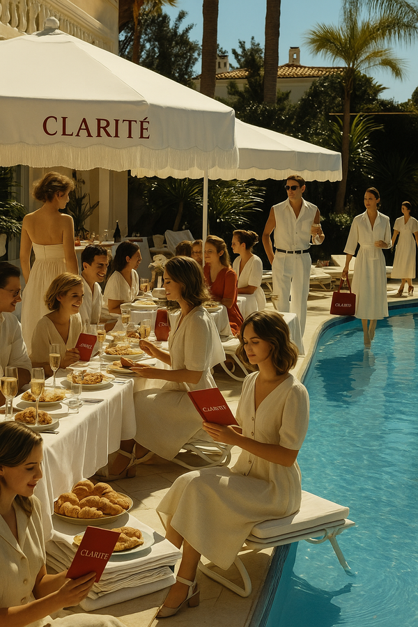 People dining by a pool with Clarite umbrellas and tables.