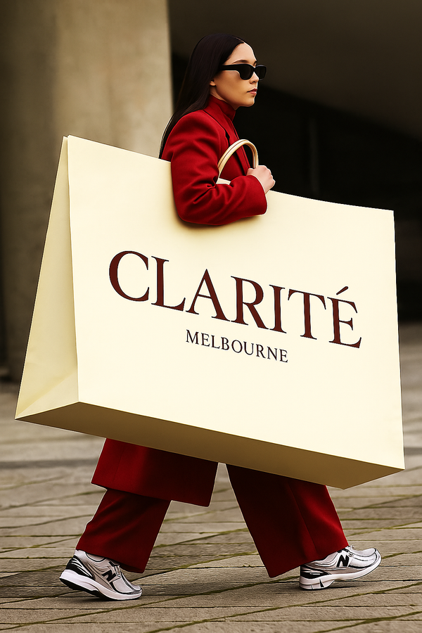 Person in red outfit holding a large 'Clarité Melbourne' shopping bag.