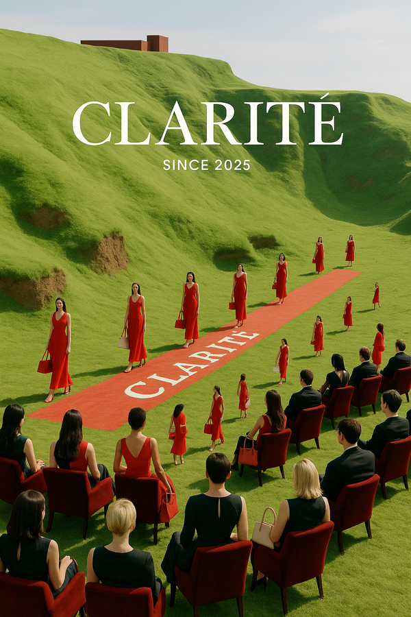 Promotional poster for 'Clarité' with people in red dresses on a red carpet against a green landscape.