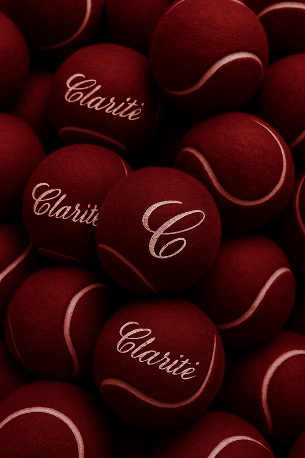 Red balls with 'Clarité' branding on a red background