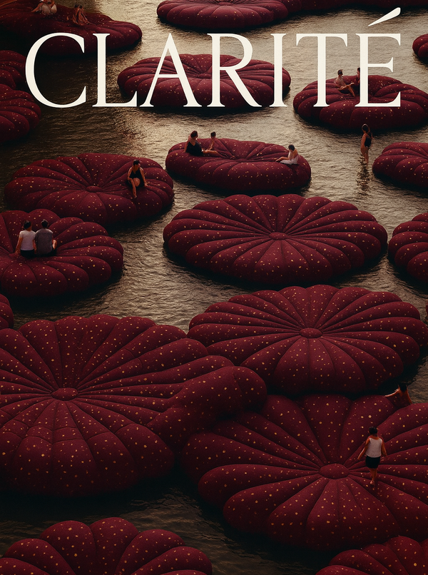 Red textured objects with 'Clarité' branding and tagline on a wooden surface.