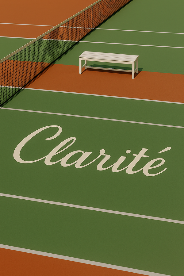 Tennis court with a bench and the word 'Clarité' on a green surface