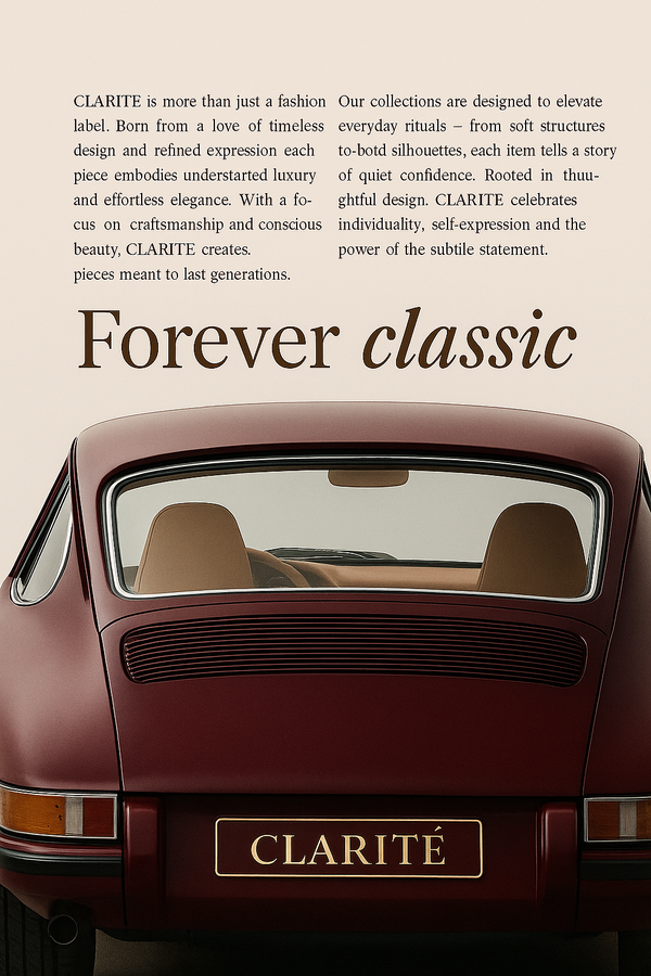 Vintage car with 'CLARITE' branding and text about the brand's philosophy.