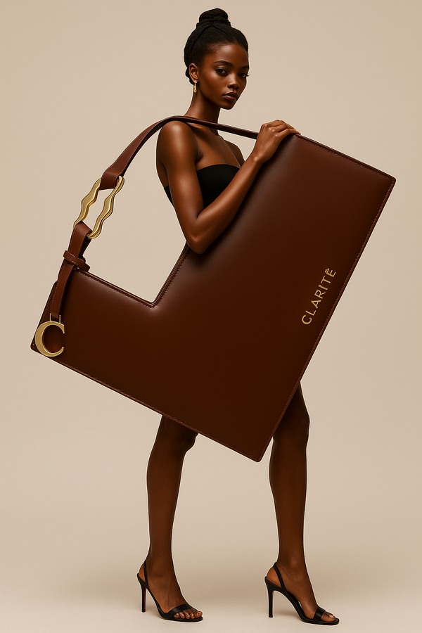 Woman holding a large brown handbag with 'Clarite' branding against a beige background