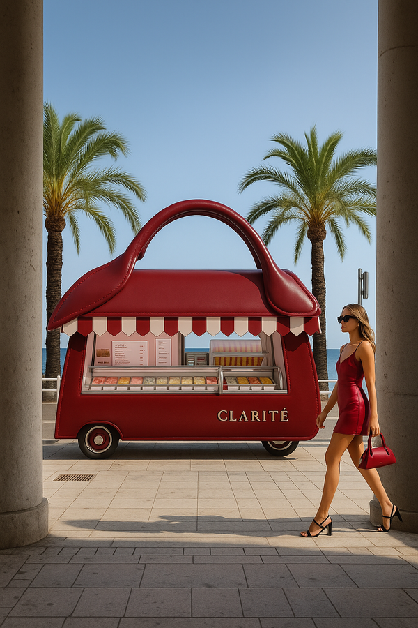 Woman in a red dress walking past a large red handbag-shaped building with 'Clarité' branding.