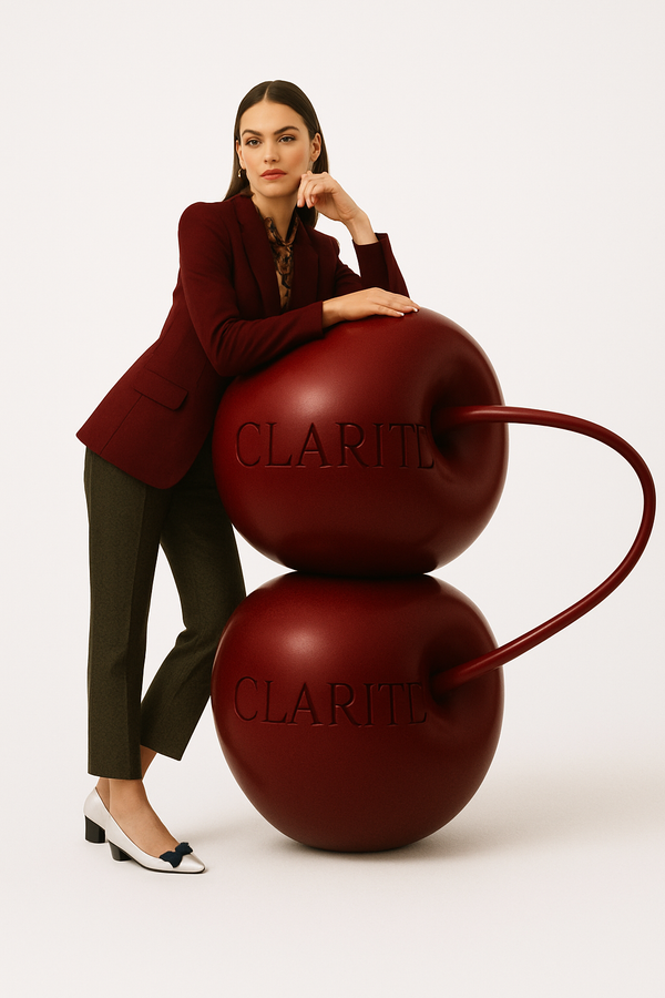Woman posing with large red spherical objects on a white background, with 'Clarita' branding.