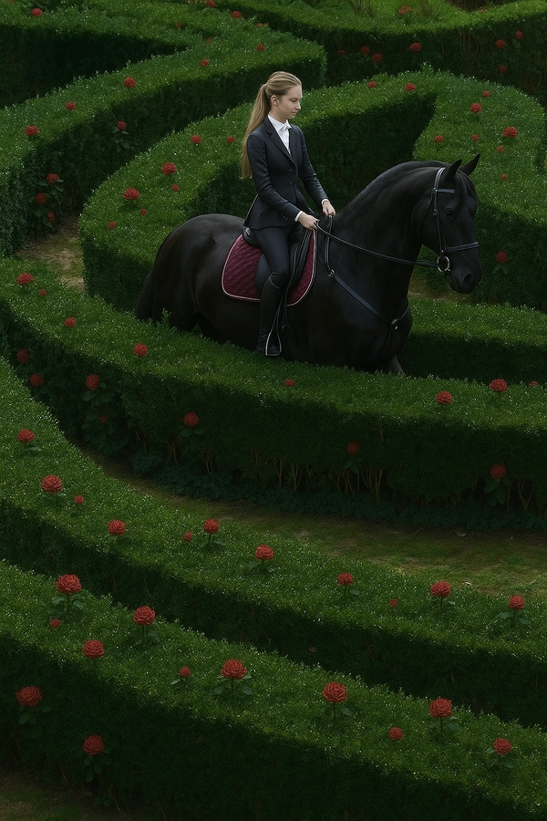 Woman riding a horse through a maze of hedges with red flowers