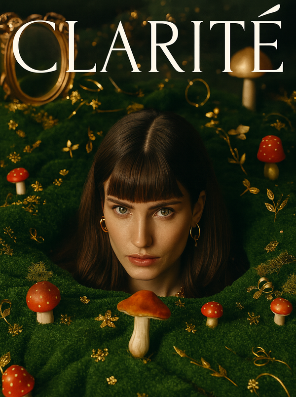 Woman's face with mushrooms and gold accents on a dark green background, featuring the brand 'Clarité'.
