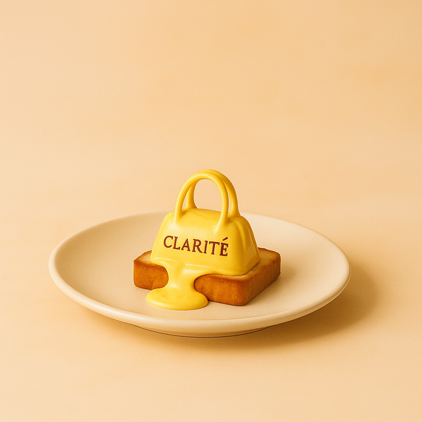 Yellow bell-shaped object with 'CLARITé' text on a beige background